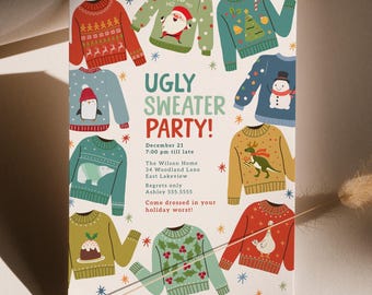 May include: An invitation for an Ugly Sweater Party! The design features various colorful sweaters with holiday themes, including a Santa, snowman, and reindeer. The text includes the date, time, location, and a call to action: "Come dressed in your holiday worst!"