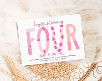Girl 4th Birthday Invitation, Hot Pink Fourth Birthday Party Invite or Evite Template B100