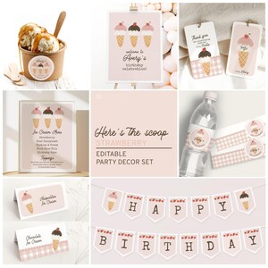 Lot de crème glacée, lot de crème glacée à la fraise, modèles modifiables pour décoration d'anniversaire de fille B356