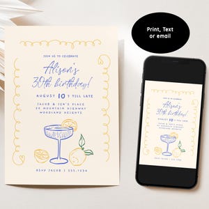May include: A yellow and white invitation card with a blue and yellow illustration of a cocktail glass with lemons. The text on the card reads "Join us to celebrate Alison's 30th birthday! August 10 7 till late Jacob & Jen's Place 20 Mountain Highway Woodland Heights RSVP Jacob 1 355-1234"