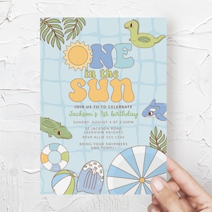 One in the Sun Invitation, Pool 1st Birthday Party, Summer First Birthday, Boy First Birthday Invitation Template Editable B352