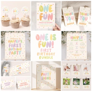 以下が含まれることがあります： パステルカラーの誕生日パーティー用品のコレクション。カップケーキトッパー、招待状、サンキュータグ、サイン、編集可能な食品ラベルが含まれています。「One is Fun」と「Harper's First Birthday Party」がテーマです。