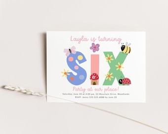 Girl 6th Birthday Invitation Template,  Spring Garden party Sixth Birthday Invite Editable B378