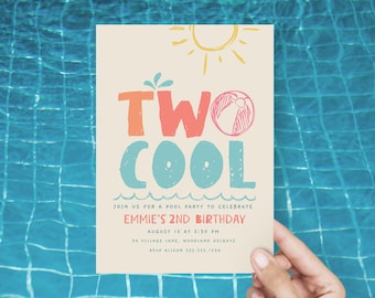 Deux faire-part cool à la piscine, 2e anniversaire fille, modèle d'Invitation été 2e anniversaire, Swim Party Evite modifiable B761