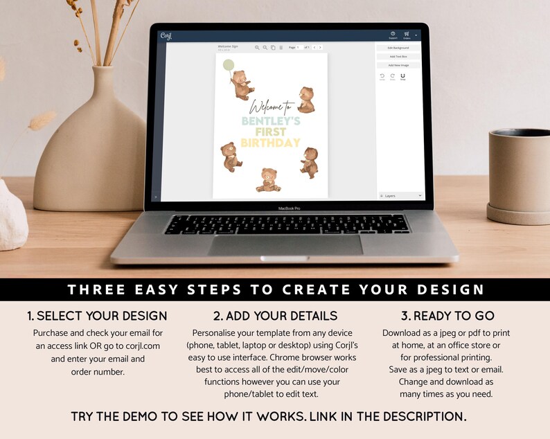 Puede incluir: Una pantalla de computadora port&aacute;til que muestra una plantilla de dise&ntilde;o digital para una invitaci&oacute;n de cumplea&ntilde;os. La plantilla presenta un fondo azul claro con osos marrones y el texto "Bienvenido a Bentley's First Birthday". La pantalla tambi&eacute;n muestra tres pasos f&aacute;ciles para crear tu propio dise&ntilde;o.