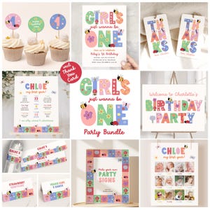 May include: A selection of party decorations with a floral and insect design. Includes cupcake toppers, invitations, thank you tags, a welcome sign, and a milestone chart. The text includes "Girls just wanna be ONE" and "Welcome to Charlotte's Birthday Party."