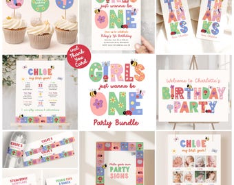 May include: A collection of party supplies with a floral and insect theme. Includes cupcake toppers, invitations, thank you tags, a welcome sign, and a milestone chart. The text includes "Girls just wanna be ONE" and "Welcome to Charlotte's Birthday Party."