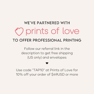 May include: A promotional graphic with text on a light pink background. The text reads "WE'VE PARTNERED WITH prints of love TO OFFER PROFESSIONAL PRINTING." Additional text offers free shipping and a discount code for prints of love.