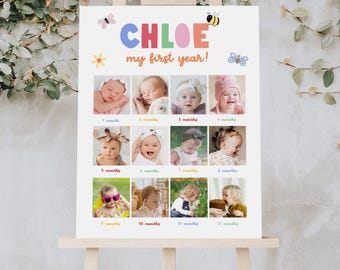Può includere: Un poster bianco su un cavalletto con un collage di dodici foto di bambini. Il poster presenta il nome "CHLOE" in lettere colorate, con il testo "my first year!" sotto. Sono presenti anche farfalle decorative, un'ape e un fiore.