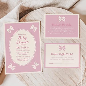 Schleifen-Babyparty-Einladung, Mädchen-Babyparty-Einladung, Hand geschriebene Baby-Dusche-Reihe, Bücher für Baby-Karte, Windel-Verlosungskarteneinsätze C045