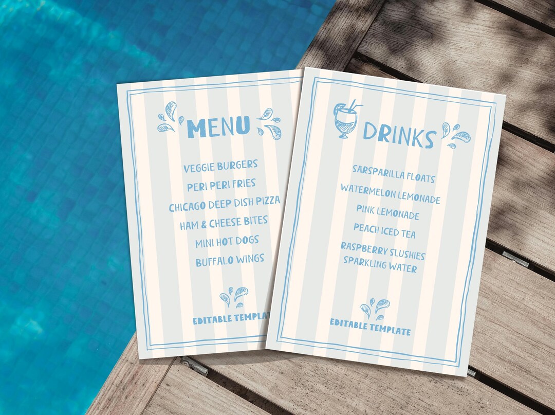 Hand Drawn Pool Party Menu Template With Blue Stripes C063 - Etsy