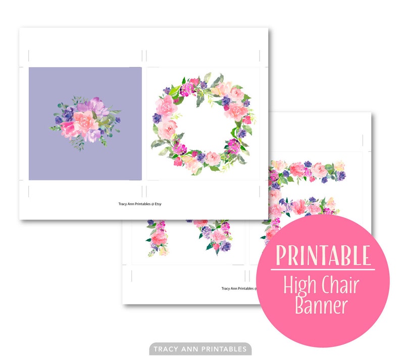 Floral 1st Birthday Banner Flower Decor Pink and Purple Birthday Bunting Instant Download 1587 ONE High Chair Banner