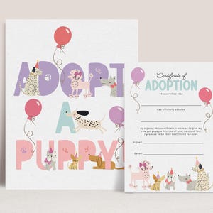 Adopt a Puppy Sign, Puppy Dog Adoption Certificate, Puppy Birthday Party Games, Printable Dog Birthday Adoption Game B969