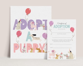 Adopt a Puppy Sign, Puppy Dog Adoption Certificate, Puppy Birthday Party Games, Printable Dog Birthday Adoption Game B969