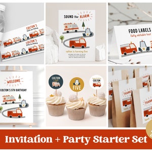 Emergency Vehicles Party Set of Editable Boy Birthday Decor Fire Truck Police Car Ambulance Printable Invitation and Decorations 8108