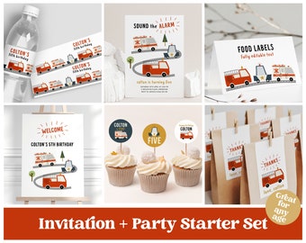 Emergency Vehicles Party Set of Editable Boy Birthday Decor Fire Truck Police Car Ambulance Printable Invitation and Decorations 8108