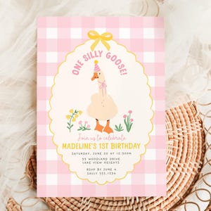 One Silly Goose Invitation,  Girl 1st Birthday Invitation, Pink Gingham Goose Birthday Invite Template, Editable First Birthday Evite B839