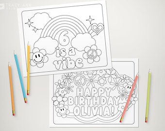 Editable Coloring Pages Printable, Retro Groovy Birthday Coloring Sheets, Birthday game, Party Game activity