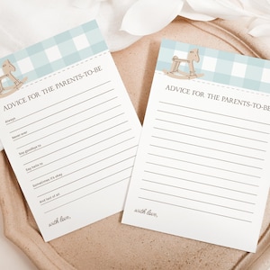 Scheda di consigli per il baby shower, modello di scheda di consigli per i futuri genitori, gioco stampabile per il baby shower con motivo a quadretti, baby shower con cavallo a dondolo B553
