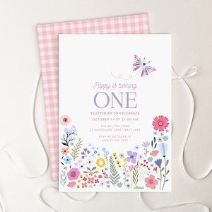 Butterfly 1st Birthday Invitation, First Birthday Invitation for Girl,  Editable Wildflower Invite Template, Printable Garden Evite B401