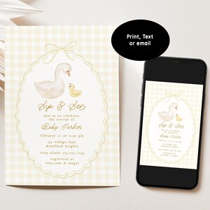May include: A yellow and white gingham baby shower invitation with a watercolor illustration of a mother duck and her duckling. The text reads "Sip & See, join us to celebrate the arrival of Baby Parker, February 11 at 1:30 pm, 14 Village Lane, Woodland Heights, RSVP Alison 553-555-1234, Registered at etsy.com & target".