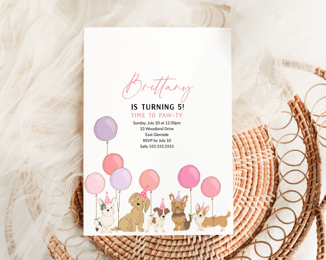 Pink Puppy Birthday Invitation, Editable Girl Dog Birthday Invite ...
