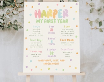 Può includere: Un poster stampabile colorato per il primo compleanno di un bambino. Il poster presenta il nome "Harper" in grandi lettere colorate. Include dettagli sul primo anno del bambino, come la sua altezza, il suo peso, i suoi giocattoli, i suoi libri e i suoi cibi preferiti. Il poster è decorato con pois colorati.