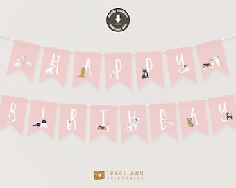 Pink Puppy Happy Birthday Banner | Dog Birthday Banner,Puppy Dog Birthday Bunting, Birthday Decor, Instant Download 1581pink