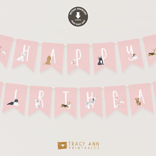 Pink Puppy Happy Birthday Banner | Dog Birthday Banner,Puppy Dog Birthday Bunting, Birthday Decor, Instant Download 1581pink