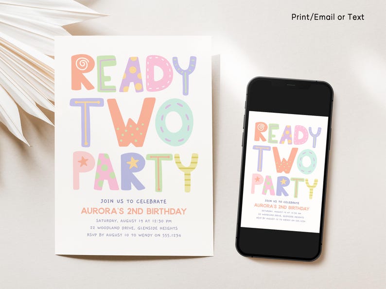 Two Birthday Invite Ready Two Party Invitation, Girl 2nd Birthday Party Invite Template ...