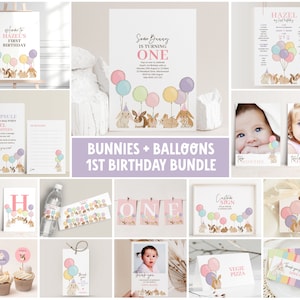 Bunny 1st Birthday Party Set Printable Rabbit Girl Birthday Decoration Bundle Editable Party Templates First Bday Bunnies and Balloons 8137