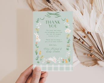 Plantilla de tarjeta de agradecimiento para baby shower de conejito, tarjeta imprimible de recuerdo de conejo de primavera, decoraciones para baby shower de género neutro B915