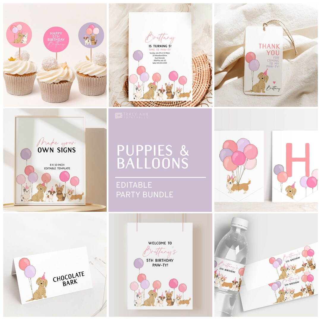 Puppy Birthday Invitation Template Set, Pink Balloons Dog Birthday ...