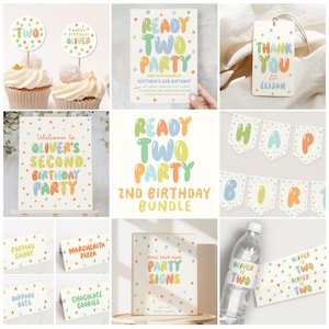 Paquete de invitaciones para dos fiestas, set de invitaciones de cumpleaños con burbujas, decoración imprimible con letras y globos, recuerdos de cumpleaños con lunares B913