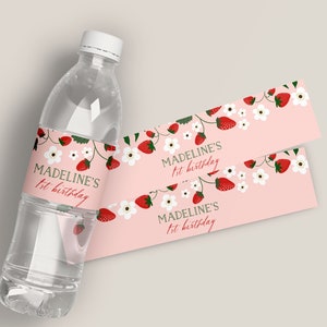 Strawberry Water Bottle Labels, Printable Berry 1st Birthday Water Bottle Wrapper Template, Berry First Birthday Party Decor Editable B379