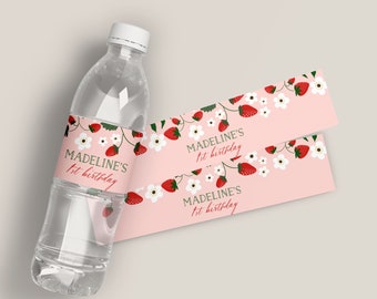 Erdbeer-Wasserflaschenetiketten, druckbare Beere zum 1. Geburtstag Wasserflaschen-Wrapper-Vorlage, Beere zum ersten Geburtstag-Partydekor bearbeitbar B379