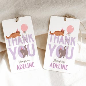 Cat Birthday Favor Tags, Kitten Birthday Party Thank You Tag Template, Girl Birthday Party Treat Tags Printable, Cats and Balloons B926