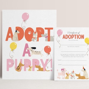 Adopt a Puppy Sign, Adopt a Puppy Dog Party Game, Girl Birthday Games, Puppy Adoption Certificate, Puppies Party Decor Printable B924