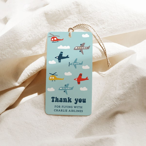 Airplane Party Favor Tags, Aeroplane Birthday Thank You Tag Template, Airport Boy Birthday Tags Printable, Minimalist Transport Theme B310