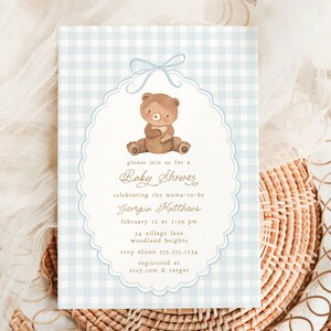 Invito baby shower a forma di orsetto, modello di invito baby shower per bambino, invito baby shower a forma di orso, invito baby shower a forma di quadretti modificabile B980