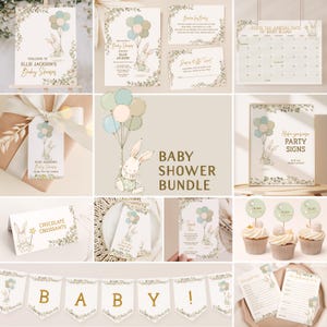 Kaninchen-Babyparty-Einladungs-Set, Gender Neutral Kaninchen-Babyparty-Dekorations-Set, Willkommensschild, Wimpelkette, Printable Favors B587