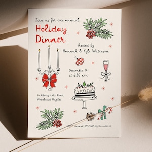 Holiday Dinner Party Invitation, Whimsical Hand Drawn Christmas Invite Template