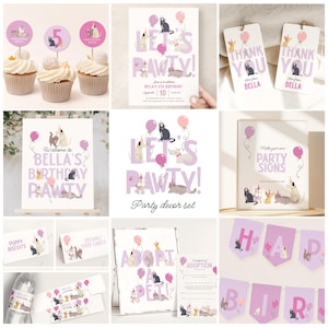 Let&#39;s Pawty Invitation Bundle, Purple Cats and Dogs Girl Birthday Decorations and Favors, Editable Template Set B943