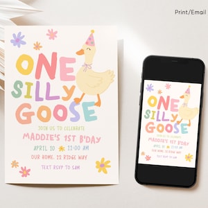 以下が含まれることがあります： 「ONE SILLY GOOSE」の文字と、パーティーハットをかぶった漫画のガチョウが描かれた誕生日招待状。招待状には、マディーの1歳の誕生日に関する詳細が記載されており、スマートフォンにも同様のデザインが表示されています。