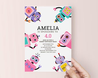May include: A pink and blue robot birthday party invitation for Amelia, who is upgrading to 4.0. The invitation includes the date, time, and location of the party, as well as an RSVP contact.