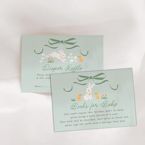 Bunny baby shower uitnodiging insteekkaarten, luier loterij ticket, boeken voor baby kaartsjabloon, Pasen babyshower bijlage kaarten B915