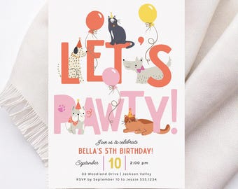 Haustier Geburtstag Party Einladung, Let's Pawty Katzen und Hunde Geburtstag Einladen Vorlage B929