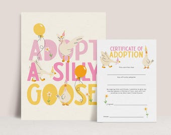 Juego "Adopta un ganso", Letrero imprimible "Adopta un ganso gracioso", Certificado de adopción de ganso, Juegos para fiestas de cumpleaños de niñas, Decoración "Un ganso gracioso" B937