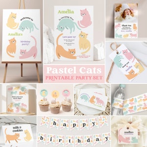 Cat Party Set, Kitten  Birthday Invitation,  Editable Party Decor, Pastel Cat Invitation Template, Kitten Party Decorations Bundle 8351