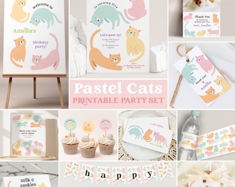 Cat Party Set for Girl 5th Birthday Editable Party Decor Pastel Cat Invitation Template Kitten Birthday Invite Party Decorations Bundle 8351